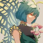  1girl absurdres antennae aqua_hair blush butterfly_wings closed_mouth dress eternity_larva fairy flower green_dress highres leaf leaf_on_head multicolored_clothes multicolored_dress pink_flower red_eyes short_hair short_sleeves smile solo touhou upper_body wings youmiblue 