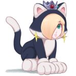  1girl absurdres all_fours animal_costume animal_ears animal_hands animal_hood blonde_hair blue_eyes cat_costume cat_ears cat_rosalina cat_tail crown earrings eyelashes full_body gloves hair_over_one_eye highres hood jewelry looking_at_viewer paw_gloves rosalina sasaki_sakiko star_(symbol) star_earrings super_mario_3d_world super_mario_bros. tail white_background 