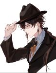 1boy alternate_costume donaldakron fedora_hat holding_hat necktie side_profile single_earring suit zhongli_(genshin_impact)