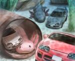  animal_focus artist_name axolotl black_eyes car commentary_request highres itsuki_gen motor_vehicle no_humans original rock sand scenery seaweed smile spoiler_(automobile) toyota toyota_supra toyota_supra_mk_iv underwater vehicle_focus 