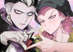  2boys black_hair black_headwear blush braid closed_mouth collarbone danganronpa_(series) danganronpa_2:_goodbye_despair earrings fangs grey_hair hand_up jewelry joonoyuki looking_at_viewer male_focus medium_hair multicolored_hair multiple_boys pink_eyes portrait ring scarf shirt short_hair side_braid soda_kazuichi tanaka_gundham teeth two-tone_hair white_shirt 