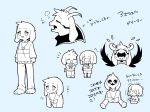  0725akaba :d arrow_(symbol) asriel_dreemurr blue_background chara_(undertale) chibi closed_eyes closed_mouth fangs flying_sweatdrops furry heart pants profile simple_background smile sweat sweater translation_request trembling undertale wings |_| 