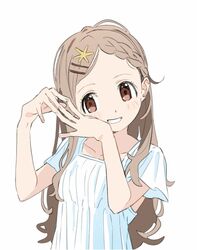  1girl aoba_kokona braid braided_bangs brown_eyes brown_hair flask00 flat_chest hair_ornament hairclip long_hair red_eyes shirt short_sleeves simple_background smile smirk solo white_shirt yama_no_susume 