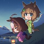  2girls animal animal_ears black_footwear breasts bridge brown_hair chibi commentary dusk from_side hair_ornament high_ponytail highres horse_ears horse_girl horse_tail japanese_clothes kimono large_breasts light_brown_hair meisho_doto_(umamusume) meto_(cat) multicolored_hair multiple_girls night night_sky obi open_mouth outdoors pink_kimono print_kimono sandals sash sky smile squatting standing star_(sky) star_(symbol) star_hair_ornament starry_sky taiki_shuttle_(umamusume) tail teeth two-tone_hair umamusume upper_teeth_only warashi water white_hair wide_sleeves yukata 