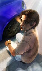  1boy black_footwear brown_eyes brown_hair brown_shirt car collared_shirt glasses hair_behind_ear hand_on_own_knee highres honda honda_s2000 initial_d itsuki_gen joushima_toshiya male_focus motor_vehicle pants parted_lips shirt short_hair smile solo sweat watch watch white_pants 