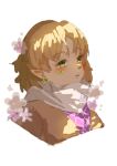  1girl absurdres blonde_hair blush brown_shirt flower green_eyes green_flower highres mizuhashi_parsee open_mouth pink_flower pointy_ears portrait scarf shirt short_hair simple_background solo touhou white_background white_scarf youmiblue 