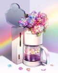  2017 bouquet coffee coffee_maker_(object) english_commentary flower_focus gradient_background leaf longestdistance multicolored_flower no_humans numbered object_focus original petals rainbow still_life 