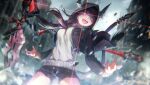  1girl asakura_karen_(heaven_burns_red) black_hair black_shorts blunt_bangs grey_sweater heaven_burns_red highres hood hooded_jacket horns jacket long_hair non-web_source official_art outdoors red_eyes scythe sharp_teeth shorts solo sweater tail teeth 