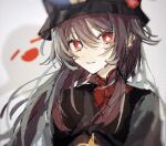  1girl black_coat black_headwear boo_tao_(genshin_impact) brown_hair coat commentary flower-shaped_pupils genshin_impact ghost hair_between_eyes hu_tao_(genshin_impact) light_blush light_smile long_hair looking_at_viewer mai_(82888342) parted_lips portrait red_eyes simple_background smile solo symbol-shaped_pupils 