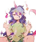  1girl clothes_writing green_shirt green_shorts hair_between_eyes highres horns long_hair open_mouth phantasmic pointy_ears purple_hair purple_horns red_eyes shirt short_sleeves shorts simple_background single_horn solo tenkajin_chiyari touhou unfinished_dream_of_all_living_ghost white_background 