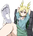  1girl blonde_hair blue_shirt brown_hair dragon_girl dragon_horns erakokyu01 green_skirt horns kicchou_yachie looking_at_viewer shirt short_hair short_sleeves sitting skirt socks solo thighs touhou turtle_shell white_socks 