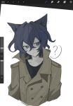  1boy ? animal_ears art_program_in_frame black_shirt blue_eyes blue_hair brown_coat buttons cat_boy cat_ears chinese_commentary coat commentary_request crossed_bangs dark_blue_hair double-breasted fire_(shengchigerenwohenbaoqian) head_tilt highres kemonomimi_mode long_sleeves male_focus saibou_shinkyoku shirt short_hair solo trench_coat upper_body utsugi_noriyuki 