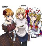  3girls ahoge arcueid_brunestud arknights beatrice_(umineko) blonde_hair blue_eyes blunt_bangs blush bow braid breasts brown_dress collarbone dress flower french_braid frilled_dress frilled_sleeves frills gap_(touhou) hair_bun hair_flower hair_ornament hat highres holding holding_smoking_pipe jewelry kimleepark1129 long_sleeves looking_at_viewer mob_cap multiple_girls puffy_long_sleeves puffy_sleeves purple_dress red_bow red_flower red_rose rose shirt smile smoking_pipe talking touhou tsukihime umineko_no_naku_koro_ni violet_eyes white_headwear white_shirt yakumo_yukari 