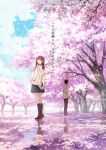  1boy 1girl blue_skirt blue_sky brown_eyes brown_hair brown_jacket brown_pants cherry_blossoms closed_mouth clouds cloudy_sky copyright_name full_body highres jacket kimi_no_suizou_wo_tabetai lee_si-min long_hair long_sleeves official_art outdoors pants petals pleated_skirt reflection reflective_floor scan school_uniform shiga_haruki short_hair skirt sky smile standing tree yamauchi_sakura 