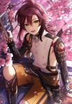  1boy armpits bishounen book cherry_blossoms cowboy_shot genshin_impact green_eyes highres japanese_clothes looking_at_viewer male_focus on_roof outdoors redhead rooftop shikanoin_heizou short_hair sitting smile solo su34ma 