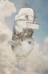  4others animal-themed_vehicle artist_name bird black_pants clouds cloudy_sky commentary dated english_commentary fish flag flying gregory_fromenteau highres jacket multiple_others orange_jacket original pants puffer_fish sailing_ship sky 