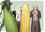  2boys black_nails black_pants blonde_hair brown_pants command_spell corn daybit_sem_void fate/grand_order fate_(series) flapper_shirt food grin hiraitatogta holding holding_food long_hair medallion multiple_boys orange-tinted_eyewear oversized_food oversized_object pants popcorn shirt short_hair smile striped striped_shirt tezcatlipoca_(fate) tinted_eyewear trench_coat violet_eyes 