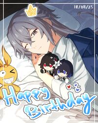  &gt;_o absurdres bed bed_sheet blue_eyes blue_jacket bronya_zaychik bronya_zaychik_(silverwing:_n-ex) colored_inner_hair crossed_bangs crown dated english_commentary english_text flower grey_eyes grey_hair hair_between_eyes happy_birthday heart highres homu_(honkai_impact) honkai_(series) honkai_impact_3rd jacket long_hair lying multicolored_hair natsuki_(2917) on_bed on_side one_eye_closed pillow red_eyes seele_(alter_ego) seele_vollerei seele_vollerei_(stygian_nymph) shirt short_hair upper_body white_flower white_shirt white_sleeves 