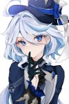  1girl absurdres ahoge ascot black_ascot black_gloves blue_eyes blue_hair blue_headwear blue_jacket brooch finger_to_mouth furina_(genshin_impact) genshin_impact gloves hair_between_eyes hat highres jacket jewelry light_blue_hair long_hair looking_at_viewer pof_(peuplierpof) simple_background solo top_hat white_background 