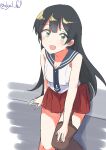  1girl absurdres agano_(kancolle) anchor_ornament black_hair black_necktie black_sailor_collar black_thighhighs feet_out_of_frame garter_straps green_eyes highres kantai_collection long_hair necktie one-hour_drawing_challenge pleated_skirt red_skirt robinson_(day_l_full) sailor_collar school_uniform serafuku shirt simple_background single_garter_strap single_thighhigh skirt sleeveless sleeveless_shirt smile thigh-highs twitter_username white_background white_shirt 