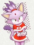  1girl animal_ears blaze_the_cat blush cat_ears cat_girl cat_tail chana_(furrytails) dress eyelashes forehead_jewel fur-trimmed_gloves fur_trim furry furry_female gloves highres looking_at_viewer own_hands_together ponytail purple_fur santa_dress snowflake_background sonic_(series) tail yellow_eyes 