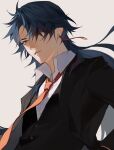  1boy black_hair black_jacket black_suit blade_(honkai:_star_rail) collared_shirt earrings formal hair_over_one_eye highres honkai:_star_rail honkai_(series) jacket jewelry kichi_owo long_hair looking_at_viewer male_focus necktie parted_bangs parted_lips red_eyes red_necktie shirt simple_background solo suit tassel tassel_earrings upper_body white_shirt 