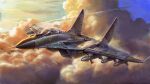  1boy absurdres aircraft airplane artist_name canopy_(aircraft) clouds contrail dated english_commentary fighter_jet flying highres jeffholy jet mig-29 military_vehicle missile mixed-language_commentary original sky vehicle_focus 