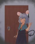  1girl absurdres animal_ears black_dress blue_capelet blush capelet closed_eyes door dress false_smile greenpiecerice grey_hair highres holding jewelry mouse_ears mouse_tail nazrin open_mouth pendant short_hair smile solo tail tape touhou 