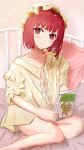  1girl arima_kana bare_legs bed bedroom bob_cut book closed_mouth commentary_request fuwafuwatsuru2 hat highres holding holding_book inverted_bob light_blush light_smile looking_at_viewer on_bed oshi_no_ko pajamas red_eyes redhead short_hair sitting smile yellow_headwear yellow_pajamas 