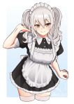  1girl absurdres alternate_costume apron black_dress blue_background border commentary_request cropped_legs dress enmaided frilled_apron frills gradient_background grey_eyes grey_hair highres kantai_collection kashima_(kancolle) looking_at_viewer maid maid_headdress mochizou sidelocks solo thigh-highs tsurime twintails two-tone_background wavy_hair white_apron white_border white_thighhighs 