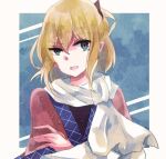  1girl aqua_eyes aridamikannn blonde_hair blue_background border crossed_arms hair_between_eyes looking_at_viewer medium_hair mizuhashi_parsee open_mouth pointy_ears scarf simple_background solo touhou upper_body white_border white_scarf 