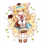  1girl :o animal_ear_fluff animal_ears ankle_socks arknights bag basket black_cat blonde_hair blue_hairband blue_skirt blush bobby_socks brown_bag brown_footwear cardigan cat commentary creature_on_head crossover fox_ears fox_girl fox_tail frilled_hairband frills full_body green_eyes hair_between_eyes hairband handbag heixiu high-waist_skirt highres holding holding_basket kitsune kyuubi long_hair long_sleeves looking_at_viewer luo_xiaohei luo_xiaohei_zhanji mary_janes multiple_tails neck_ribbon official_alternate_costume open_cardigan open_clothes parted_lips puffy_long_sleeves puffy_sleeves red_ribbon ribbon round_bag shirt shoes shoulder_bag simple_background skirt sleeve_cuffs socks suzuran_(arknights) suzuran_(spring_praise)_(arknights) symbol-only_commentary tail vito_(vito_12) white_background white_cardigan white_shirt white_socks 