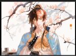 alternate_costume chinese_clothes donaldakron hand_on_chin long_hair plum_blossoms table teacup zhongli_(genshin_impact)