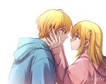  1boy 1girl asgykk blonde_hair blue_eyes blue_hoodie brother_and_sister eye_contact hands_on_another&#039;s_face hetero highres hood hoodie hoshino_aquamarine hoshino_ruby looking_at_another one_side_up oshi_no_ko pink_hoodie profile red_eyes siblings simple_background star-shaped_pupils star_(symbol) symbol-shaped_pupils translation_request twins twitter_username upper_body white_background 