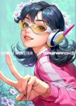  1girl black_hair collaboration d.va_(overwatch) english_commentary flower glasses logo looking_at_viewer official_alternate_costume official_art overwatch overwatch_2 pink_shirt pink_sleeves shirt short_hair simple_background smile solo upper_body v white_flower 