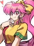  1girl betabetamaru bow bracelet earrings fire_emblem fire_emblem:_mystery_of_the_emblem hair_bow hand_on_own_chin heart highres hoop_earrings jewelry long_hair looking_at_viewer phina_(fire_emblem) pink_eyes pink_hair ponytail smile solo spoken_heart yellow_bow 