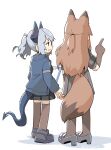  2girls absurdres animal_ears arknights black_footwear black_skirt blue_jacket brown_gloves brown_hair brown_pantyhose brown_thighhighs clipboard commentary demon_girl demon_horns demon_tail elbow_gloves facing_away fox_ears fox_girl fox_tail franka_(arknights) from_side full_body gloves grey_hair highres holding holding_clipboard horns jacket konno_akikaze liskarm_(arknights) looking_at_another multiple_girls open_mouth pantyhose pleated_skirt pointing red_eyes shadow short_ponytail sidelocks simple_background skirt tail thigh-highs twitter_username white_background 