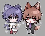  2boys anger_vein animal_ears black_jacket black_pants blue_hair brown_hair capelet cat_boy cat_ears cat_tail chibi chinese_commentary commentary_request fox_boy fox_ears fox_tail frown grey_background grey_eyes hand_in_pocket hand_on_own_chin happy_aura harada_minoru hosokawanemui1005 jacket kemonomimi_mode long_sleeves male_focus multiple_boys no_nose open_clothes open_jacket open_mouth outline pants purple_shirt red_eyes red_pants saibou_shinkyoku shirt short_hair simple_background smile tail utsugi_noriyuki white_capelet white_outline 