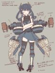  1girl absurdres battle_of_titans blue_eyes blue_hair character_profile chest_armor crossed_arms dark_blue_hair headgear highres hozukikasumi low_twintails mecha_musume mechanical_legs mechanical_parts multishot_rocket_launcher one_eye_closed personification rocket_launcher thigh-highs thrusters twintails weapon 