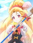  1girl blonde_hair bow brooch broom clear_glass_(mildmild1311) clouds cloudy_sky cure_art day earrings happinesscharge_precure! heart heart_brooch jewelry long_hair magical_girl paintbrush pink_bow precure red_eyes signature sky solo upper_body 