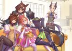  5girls agnes_tachyon_(umamusume) animal_ears aokocha ascot belt black_hair blue_eyes blush bracer brown_eyes brown_hair closed_mouth coat colored_inner_hair couch covering_mouth crown empty_eyes face-to-face fingerless_gloves flask flower flying_sweatdrops fuji_kiseki_(umamusume) gloves grey_hair hair_between_eyes hair_flower hair_ornament half-closed_eyes hand_on_another&#039;s_chin hand_on_own_hip hand_up hands_over_own_mouth hands_up high_heels highres horse_ears horse_girl horse_tail indoors jacket jewelry lab_coat leaning_back leaning_forward long_bangs long_hair long_sleeves looking_at_another medium_hair mejiro_ryan_(umamusume) multicolored_hair multiple_girls on_couch on_one_knee open_clothes open_coat open_mouth pants puffy_long_sleeves puffy_sleeves red_eyes ring round-bottom_flask seductive_smile shirt shoes short_hair sirius_symboli_(umamusume) sitting sleeves_past_fingers sleeves_past_wrists smile standing sweater t.m._opera_o_(umamusume) tail test_tube textless_version thigh-highs two-tone_hair umamusume very_long_hair vest violet_eyes white_coat white_hair yuri zettai_ryouiki 