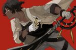  1boy arknights between_fingers black_hair black_shirt brown_jacket closed_mouth collarbone dark-skinned_male dark_skin earrings grey_pants hair_between_eyes highres holding holding_sword holding_weapon jacket jewelry leaning_forward long_sleeves male_focus open_clothes open_jacket pants profile red_background senjou_no_pentsu shirt simple_background solo sword thorns_(arknights) weapon yellow_eyes 