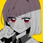  0725akaba 1girl blush_stickers character_request closed_mouth collared_shirt hand_up looking_at_viewer monochrome parted_bangs portrait red_eyes shirt simple_background smile solo sweater undertale yellow_background 