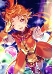  1boy ;d cure_wing frilled_shorts frills gloves highres hirogaru_sky!_precure holding jacket looking_at_viewer one_eye_closed open_mouth orange_footwear orange_hair orange_jacket piyopuni0521 precure red_eyes short_hair short_sleeves shorts signature sky smile solo sparkle star_(sky) starry_sky thigh_strap white_sleeves yellow_gloves yuunagi_tsubasa 