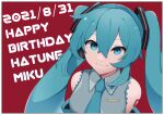  1girl absurdres blue_eyes blue_hair blue_necktie border breasts character_name closed_mouth collared_shirt commentary_request grey_shirt hair_between_eyes happy_birthday hatsune_miku highres long_bangs long_hair looking_at_viewer medium_breasts necktie red_background shirt simple_background sleeveless sleeveless_shirt smile solo twintails upper_body uziki_ntoki very_long_hair vocaloid white_border 
