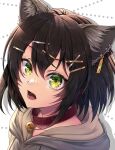  1girl animal_collar animal_ear_fluff animal_ears brown_hair cat_ears cat_girl collar commentary_request fangs green_eyes grey_hoodie hair_ornament hairclip hood hood_down hoodie looking_at_viewer open_mouth original partial_commentary portrait routo_(rot_0) short_hair 