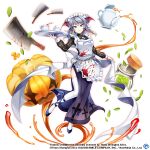  1girl alternate_costume apron bat_wings blue_eyes braid closed_mouth commentary copyright_name cup earrings english_commentary flask full_body game_cg grey_hair halloween halloween_costume head_wings holding holding_tray izayoi_sakuya izayoi_sakuya_(would_you_like_pumpkin_tea?) jack-o&#039;-lantern jewelry long_sleeves looking_at_viewer machete maid maid_headdress medium_hair pocket_watch rotte_(1109) side_braids simple_background smile solo stained_clothes tea teacup teapot thigh-highs third-party_source touhou touhou_lost_word tray twin_braids watch white_apron white_background white_thighhighs wings 