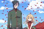  1boy 1girl ahoge bare_shoulders black_eyes black_hair blonde_hair blue_hair blue_sky closed_mouth clouds cloudy_sky cross dress erich_von_rerugen glasses green_jacket hal_(goshujinomocha) iron_cross jacket long_hair long_sleeves looking_at_viewer military military_uniform outdoors petals red_dress semi-rimless_eyewear short_hair sky sleeveless sleeveless_dress tanya_degurechaff uniform upper_body v-shaped_eyebrows youjo_senki 