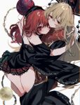  2girls ayahi_4 black_dress black_headwear blonde_hair blurry chain closed_mouth commentary_request depth_of_field dress headdress hecatia_lapislazuli highres hug junko_(touhou) long_hair long_sleeves looking_at_viewer medium_hair multicolored_clothes multicolored_skirt multiple_girls plaid plaid_skirt polos_crown red_eyes redhead simple_background skirt tabard touhou white_background wide_sleeves yuri 