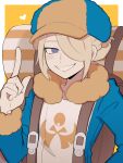  1boy a_(poipiku_325815) blonde_hair blue_eyes blue_jacket border commentary_request fur-trimmed_sleeves fur_collar fur_trim hair_over_one_eye hand_up heart index_finger_raised jacket long_sleeves looking_at_viewer male_focus pokemon pokemon_(game) pokemon_legends:_arceus shirt short_hair smile solo volo_(pokemon) white_border white_shirt yellow_background 